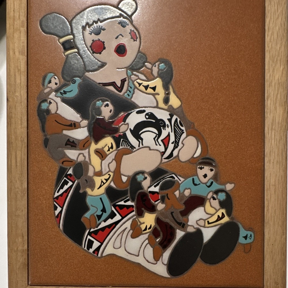 Arius Santa Fe Art Tile 1992 Signed Pueblo Storyteller Southwest Folk Art Framed